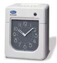 Lathem 6000E top feed time card, grey plastic case, large analog clock dial.